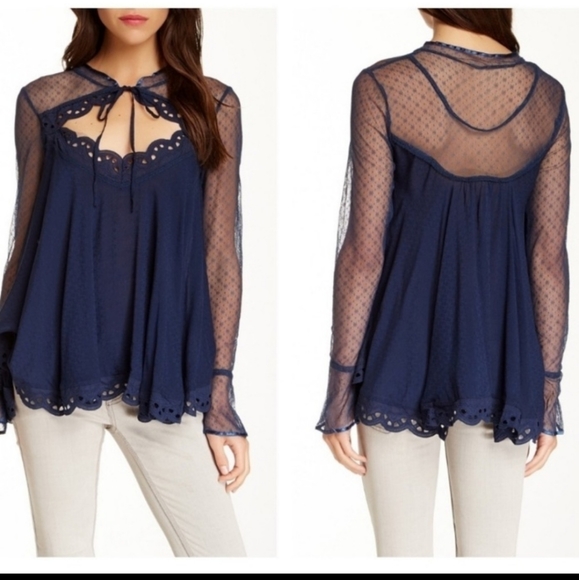 Free People Tops - Free People Boho Blue Lace Eyelet Boho Top SMALL